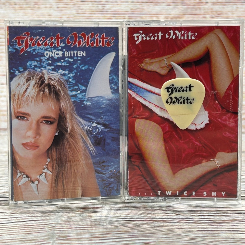 Great White Once Bitten & Twice Shy Cassette Tape Lot with Band Guitar Pick